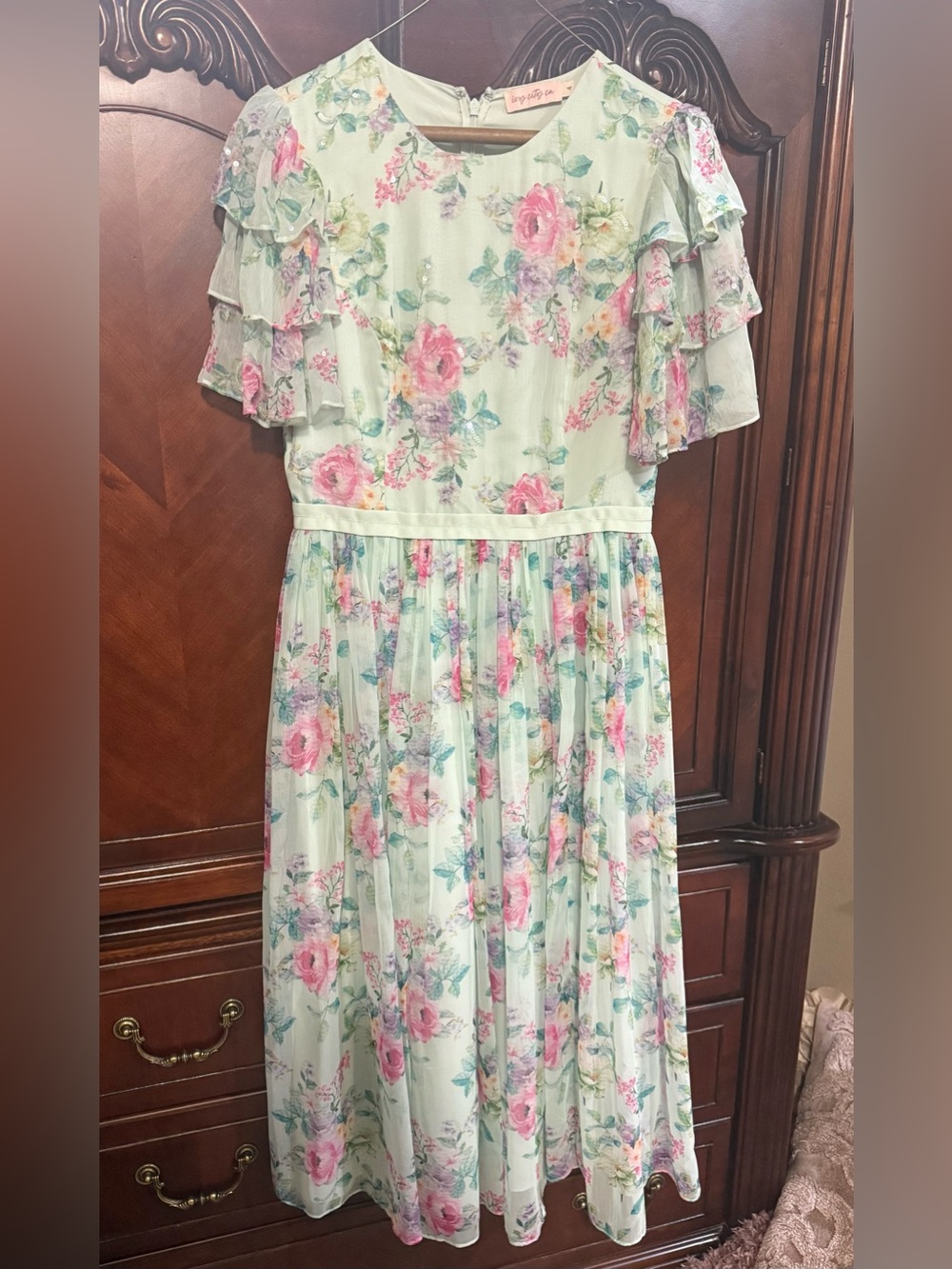 Ivy City Co Mint Floral Midi Dress with Pink Roses